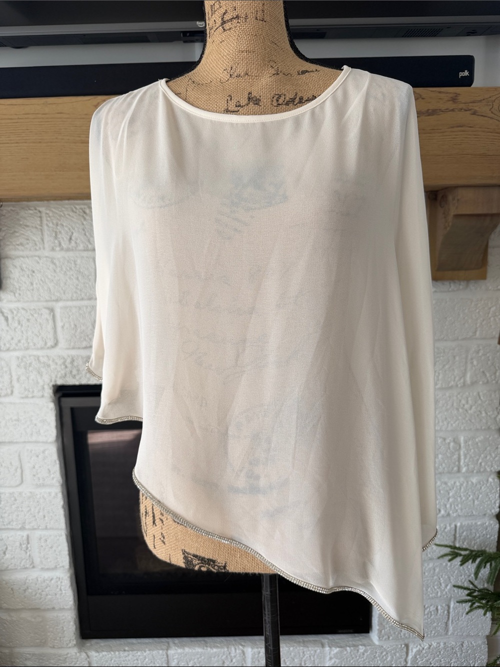 R&M Richards Ivory Asymmetric Crystal Drape Rhinestone Poncho Blouse Shirt